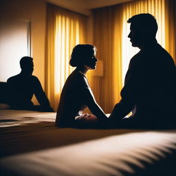 Silhouette of a woman's face sitting on a bed surrounded by the silhouettes of two men, following a confusion in a brightly lit hotel room