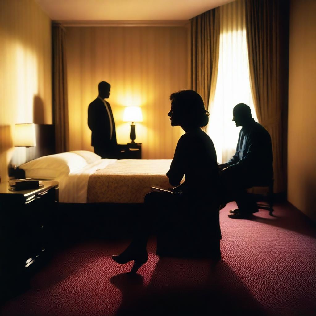 Silhouette of a woman's face sitting on a bed surrounded by the silhouettes of two men, following a confusion in a brightly lit hotel room