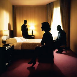 Silhouette of a woman's face sitting on a bed surrounded by the silhouettes of two men, following a confusion in a brightly lit hotel room