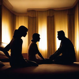 Silhouette of a woman's face sitting on a bed surrounded by the silhouettes of two men, following a confusion in a brightly lit hotel room