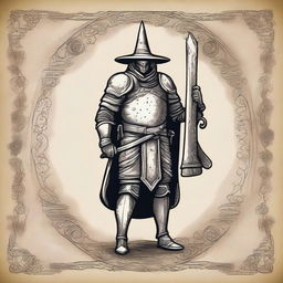 A drawing in the style of an ancient scroll featuring a warrior in plate armor wearing a witch's hat