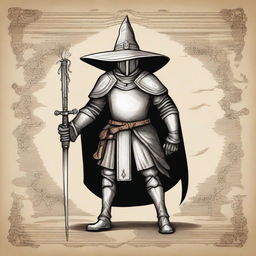 A drawing in the style of an ancient scroll featuring a warrior in plate armor wearing a witch's hat