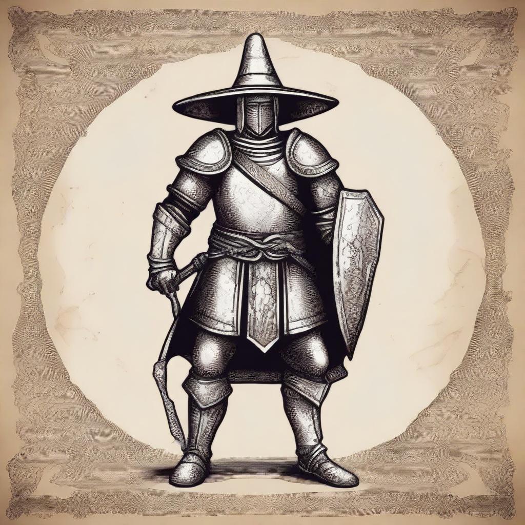 A drawing in the style of an ancient scroll featuring a warrior in plate armor wearing a witch's hat