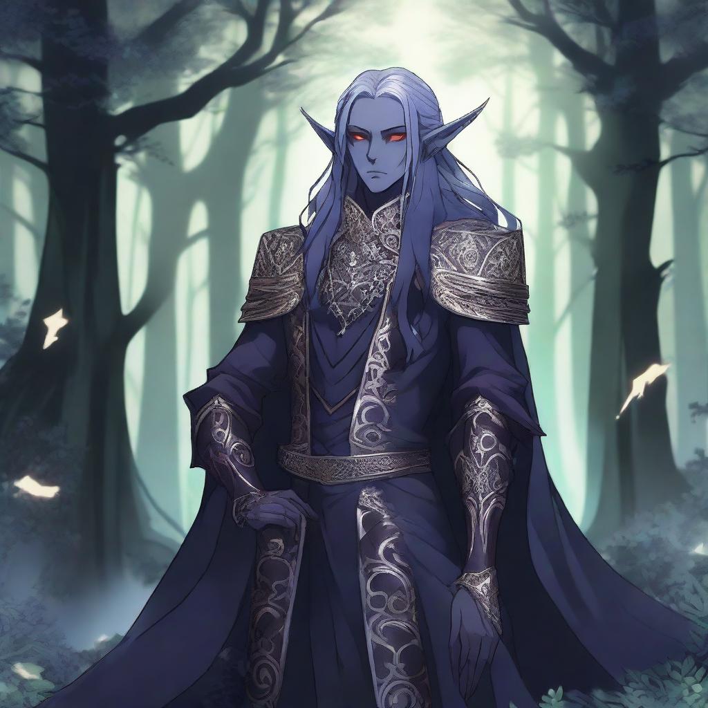 A dark elf in extravagant attire, illustrated in anime style