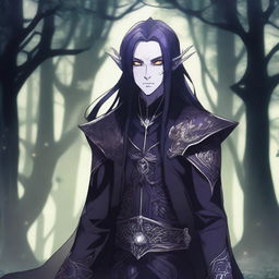 A dark elf in extravagant attire, illustrated in anime style