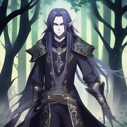 A dark elf in extravagant attire, illustrated in anime style