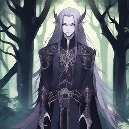 A dark elf in extravagant attire, illustrated in anime style