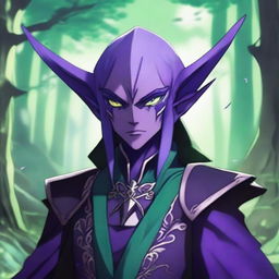 An anime-style image featuring a dark elf wearing an extravagant outfit in green and purple colors