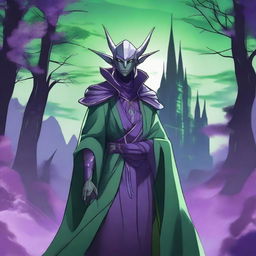 An anime-style image featuring a dark elf wearing an extravagant outfit in green and purple colors