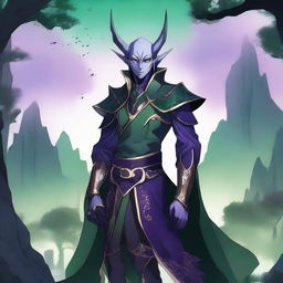 An anime-style image featuring a dark elf wearing an extravagant outfit in green and purple colors