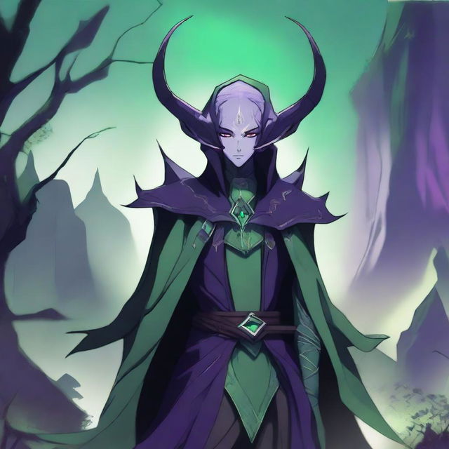 An anime-style image featuring a dark elf wearing an extravagant outfit in green and purple colors