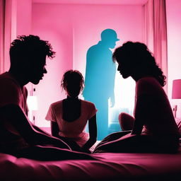 A silhouette of a woman's face sitting on a bed, surrounded by the silhouettes of two men, after a confusion in a brightly lit hotel room