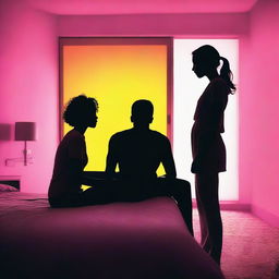 A silhouette of a woman's face sitting on a bed, surrounded by the silhouettes of two men, after a confusion in a brightly lit hotel room