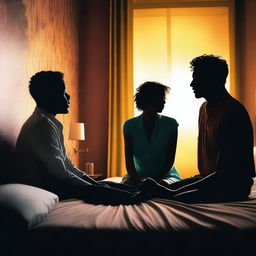 A silhouette of a woman's face sitting on a bed, surrounded by the silhouettes of two men, after a confusion in a brightly lit hotel room