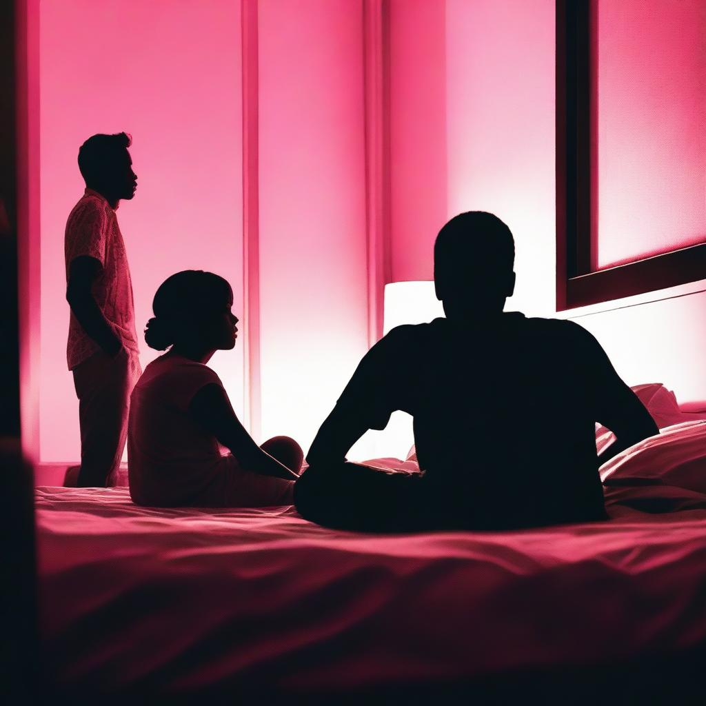 A silhouette of a woman's face sitting on a bed, surrounded by the silhouettes of two men, after a confusion in a brightly lit hotel room