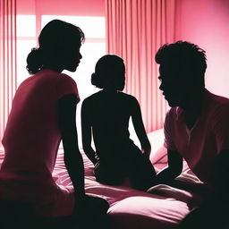 A silhouette of a woman's face sitting on a bed surrounded by silhouettes of two men, after a confusion in a brightly lit hotel room