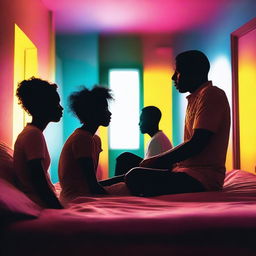 A silhouette of a woman's face sitting on a bed surrounded by silhouettes of two men, after a confusion in a brightly lit hotel room