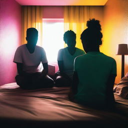 A silhouette of a woman's face sitting on a bed surrounded by silhouettes of two men, after a confusion in a brightly lit hotel room