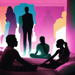 A silhouette of a woman's face sitting on a bed surrounded by silhouettes of two men, after a confusion in a brightly lit hotel room