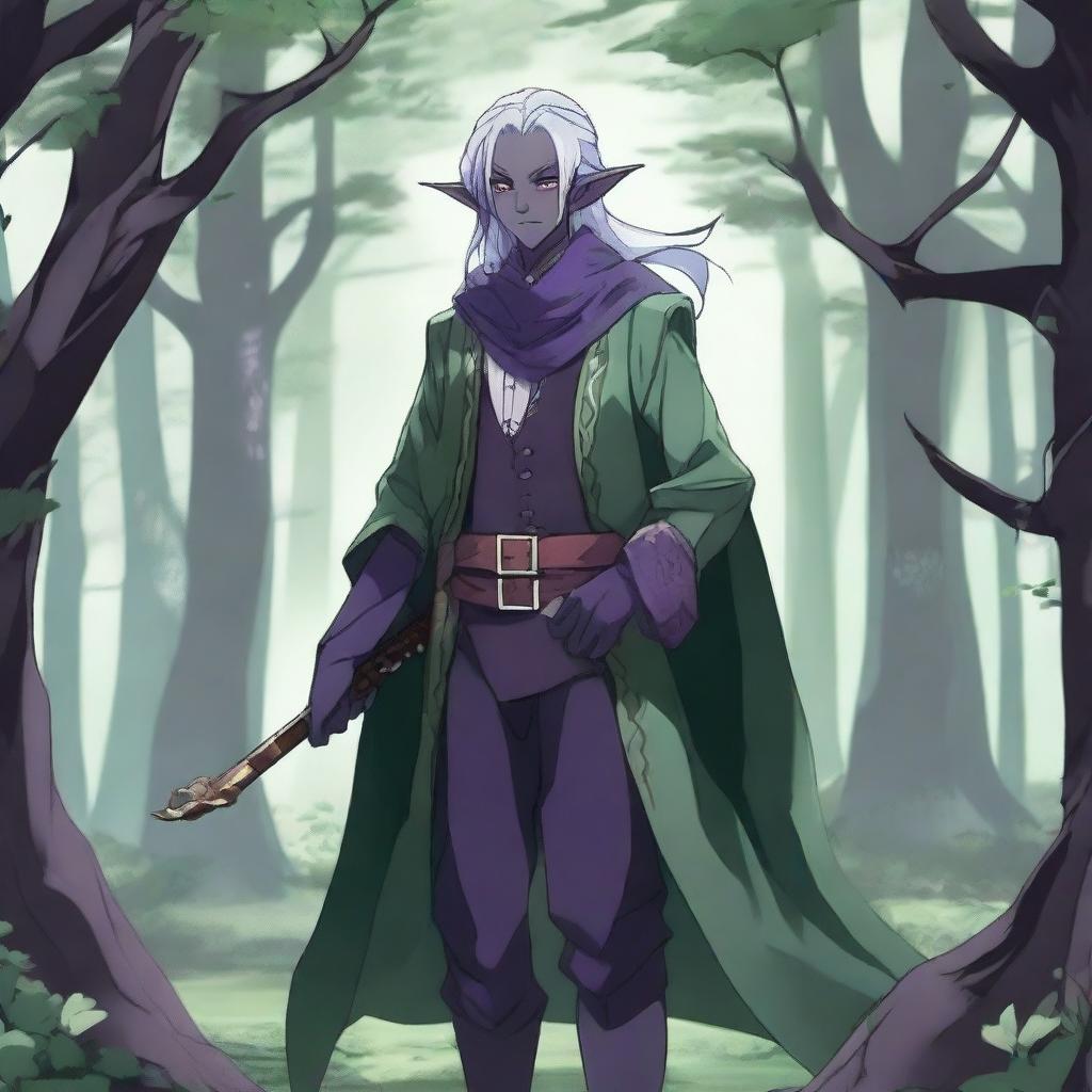 A dark elf in anime style, dressed as a bard with green and purple attire