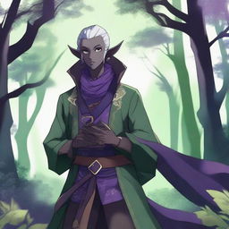 A dark elf in anime style, dressed as a bard with green and purple attire