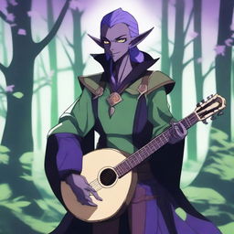 A dark elf in anime style, dressed as a bard with green and purple attire