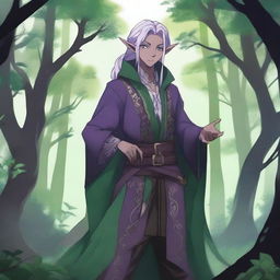 A dark elf in anime style, dressed as a bard with green and purple attire