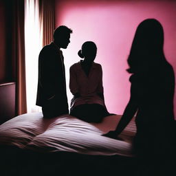 A silhouette of a woman's face sitting on a bed, surrounded by the silhouettes of two men, after a confusion in a hotel room