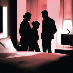 A silhouette of a woman's face sitting on a bed, surrounded by the silhouettes of two men, after a confusion in a hotel room