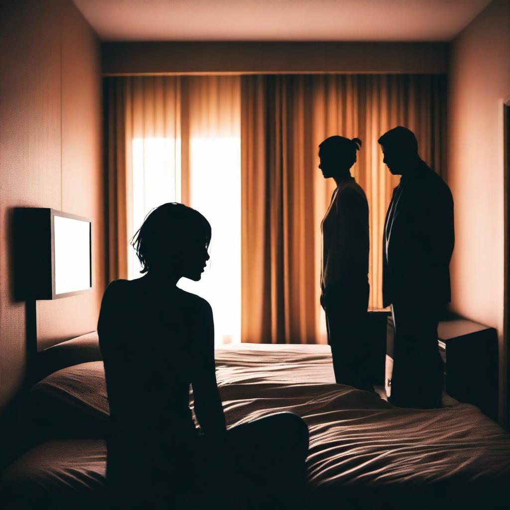 A silhouette of a woman's face sitting on a bed, surrounded by the silhouettes of two men, after a confusion in a hotel room