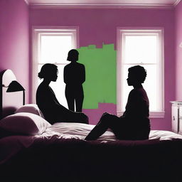 A silhouette of a woman sitting on a bed surrounded by the silhouettes of two men, after a mix-up in a hotel room