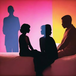 A silhouette of a woman sitting on a bed surrounded by the silhouettes of two men, after a mix-up in a hotel room