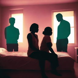 A silhouette of a woman sitting on a bed surrounded by the silhouettes of two men, after a mix-up in a hotel room