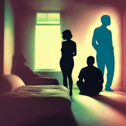 A silhouette of a woman sitting on a bed surrounded by the silhouettes of two men, after a mix-up in a hotel room