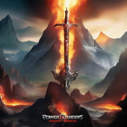 A flaming sword embedded in a mountain, with the title 'Power Rangers' and the word 'BELLUM'