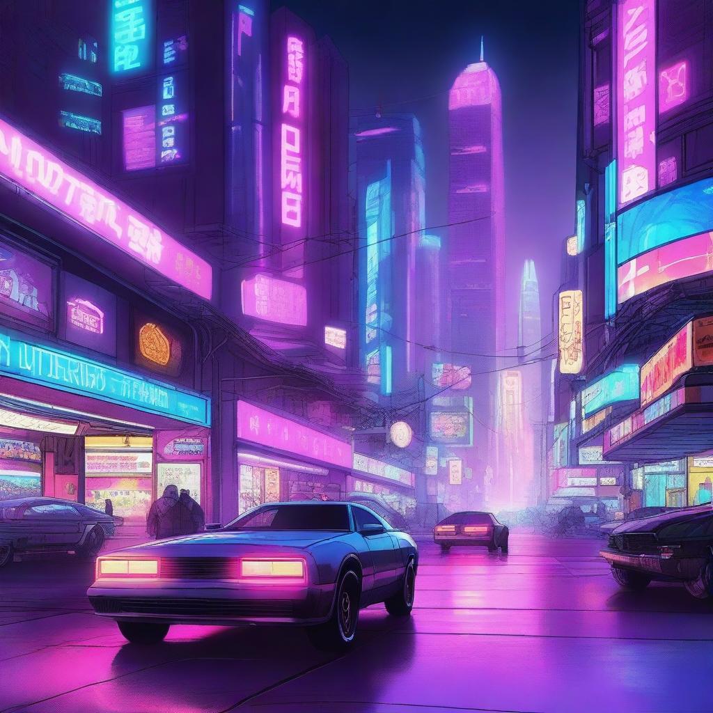 A highly detailed digital illustration of a cyberpunk cityscape at night