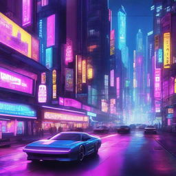 A highly detailed digital illustration of a cyberpunk cityscape at night