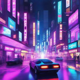 A highly detailed digital illustration of a cyberpunk cityscape at night