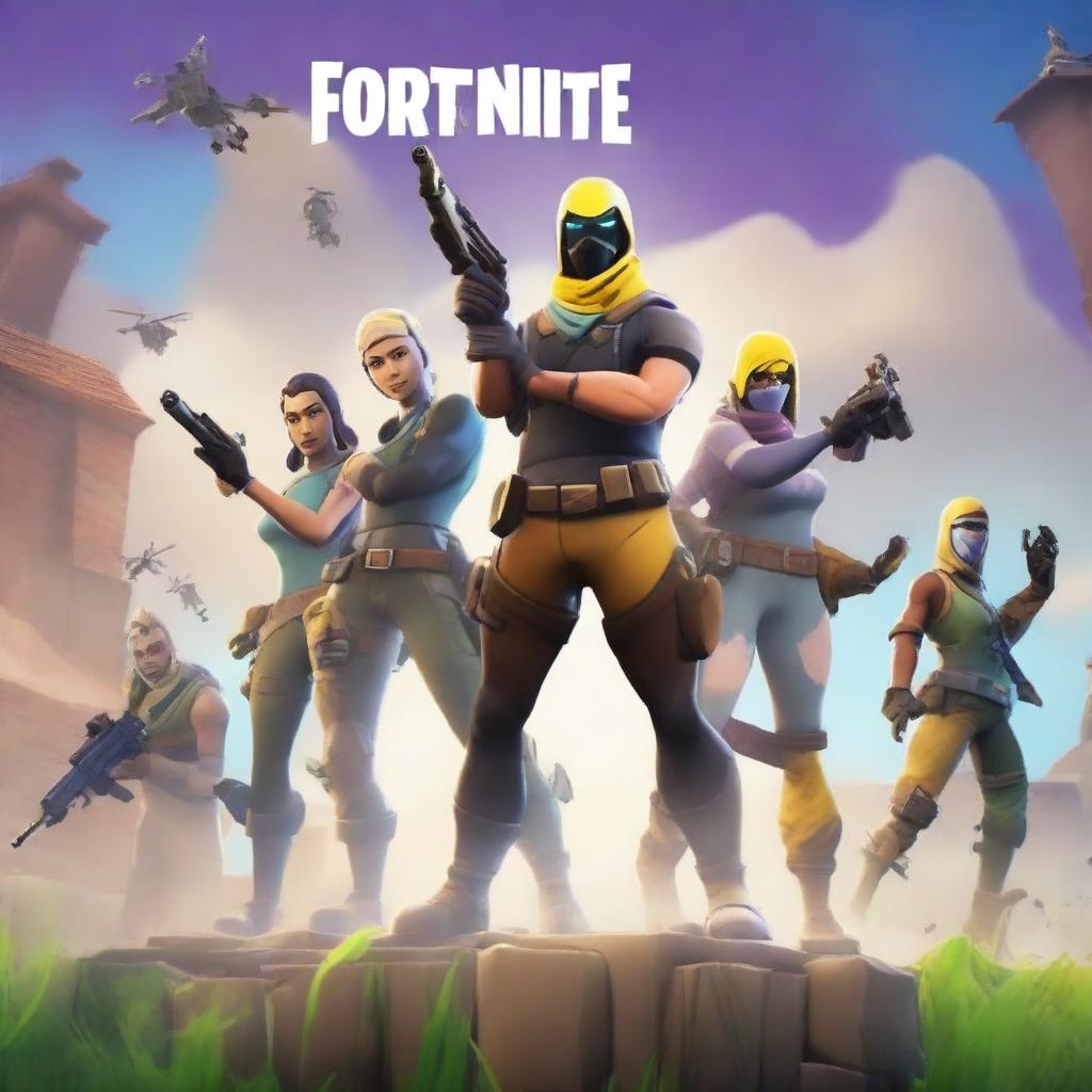 Create a vibrant and dynamic scene featuring characters in the style of Fortnite