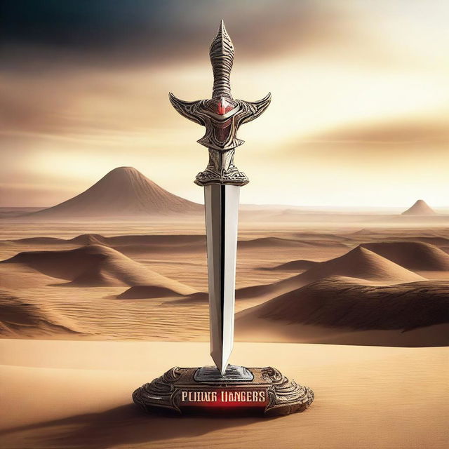 A sword embedded in a desert landscape, with the title 'Power Rangers' and the word 'BELLUM'