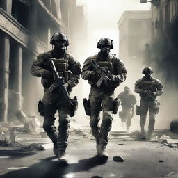 A highly detailed and realistic scene from Call of Duty, featuring soldiers in tactical gear navigating through a war-torn urban environment