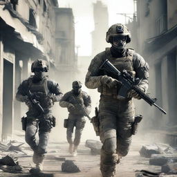 A highly detailed and realistic scene from Call of Duty, featuring soldiers in tactical gear navigating through a war-torn urban environment