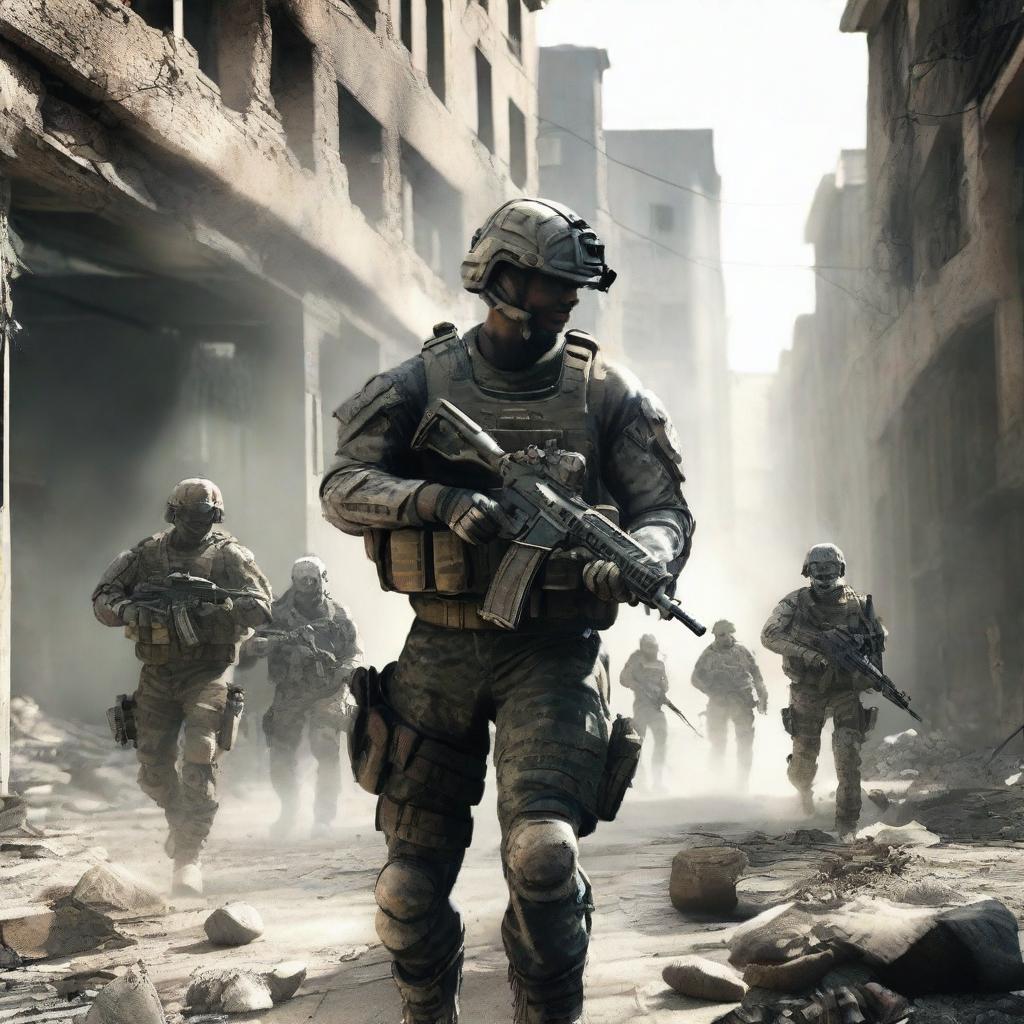 A highly detailed and realistic scene from Call of Duty, featuring soldiers in tactical gear navigating through a war-torn urban environment