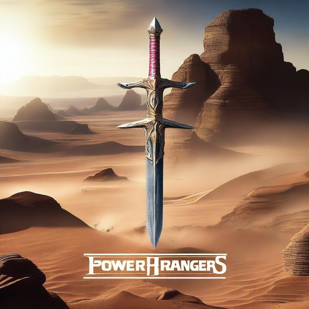 A sword embedded in a desert landscape, with the title 'Power Rangers Fuerza de la Luz'