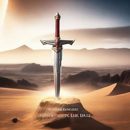 A sword embedded in a desert landscape, with the title 'Power Rangers Fuerza de la Luz'