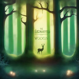 Create a captivating book cover featuring an enchanted forest with glowing trees and mystical creatures