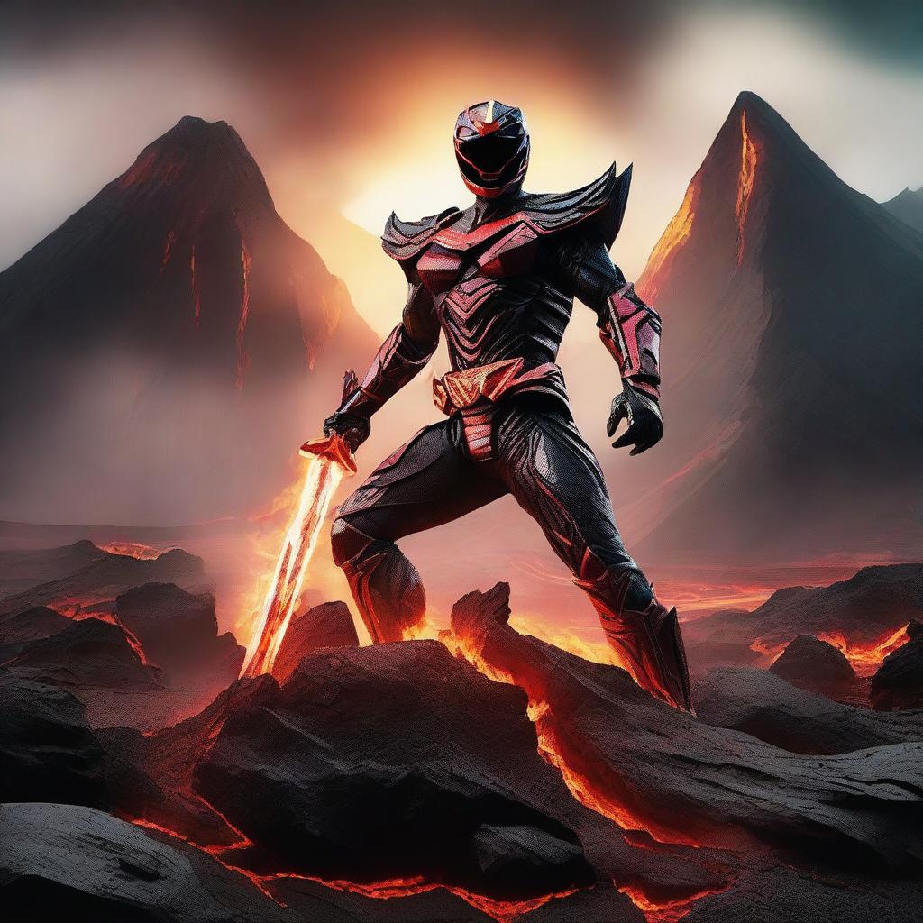 A sword embedded in a hellish landscape with molten lava and dark, jagged rocks, with the title 'Power Rangers Fuerza de la Luz'