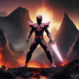 A sword embedded in a hellish landscape with molten lava and dark, jagged rocks, with the title 'Power Rangers Fuerza de la Luz'