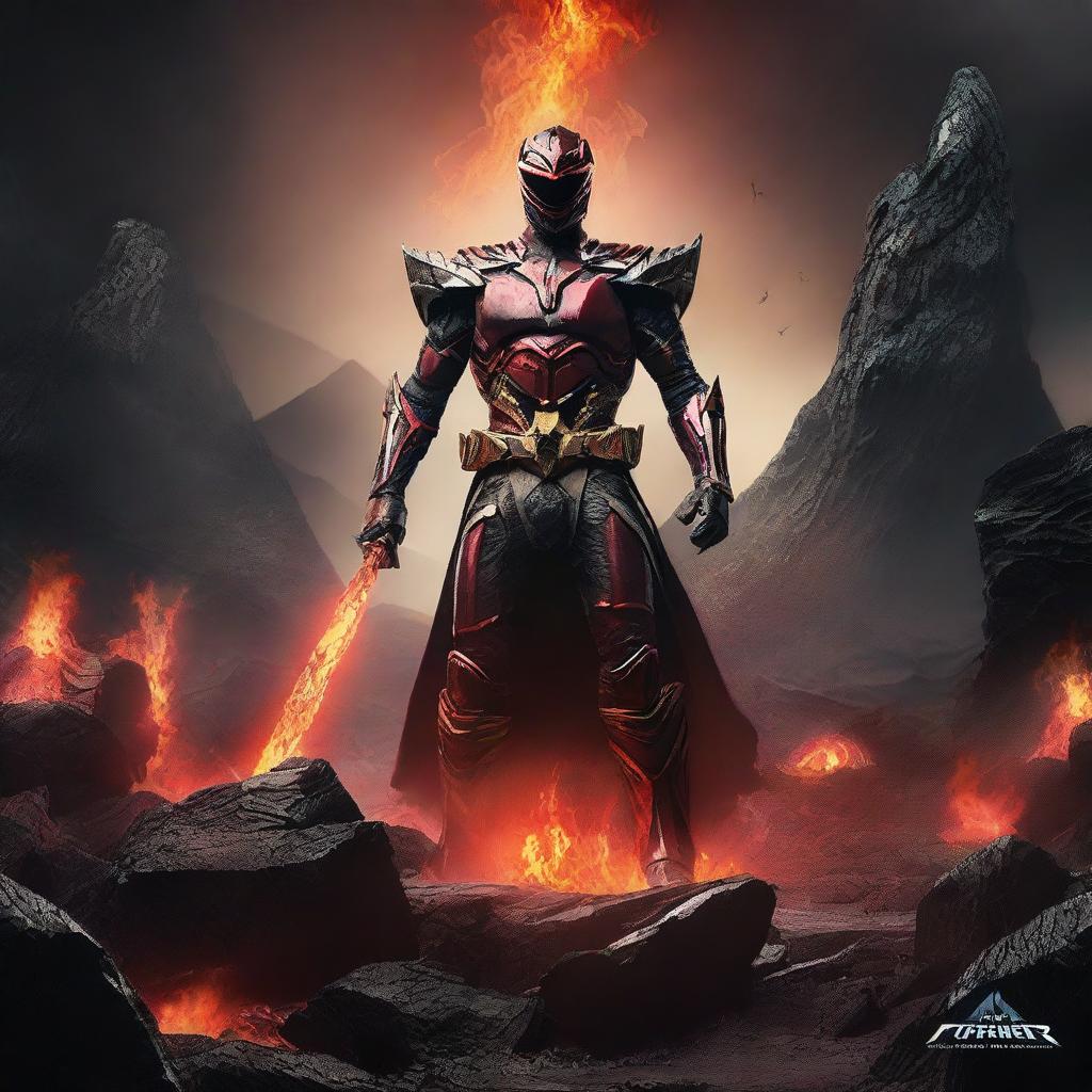 A sword embedded in a hellish landscape with molten lava and dark, jagged rocks, with the title 'Power Rangers Fuerza de la Luz'