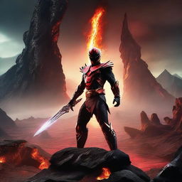 A sword embedded in a hellish landscape with molten lava and dark, jagged rocks, with the title 'Power Rangers Fuerza de la Luz'